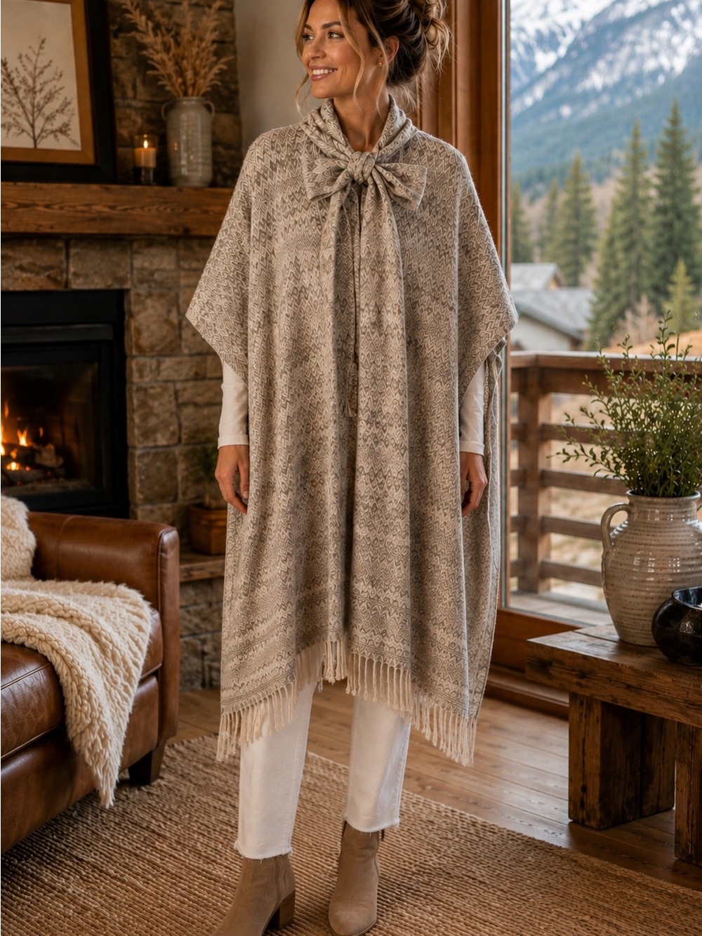 Vintage Handwoven Wool Poncho / Cape with Scarf Tie